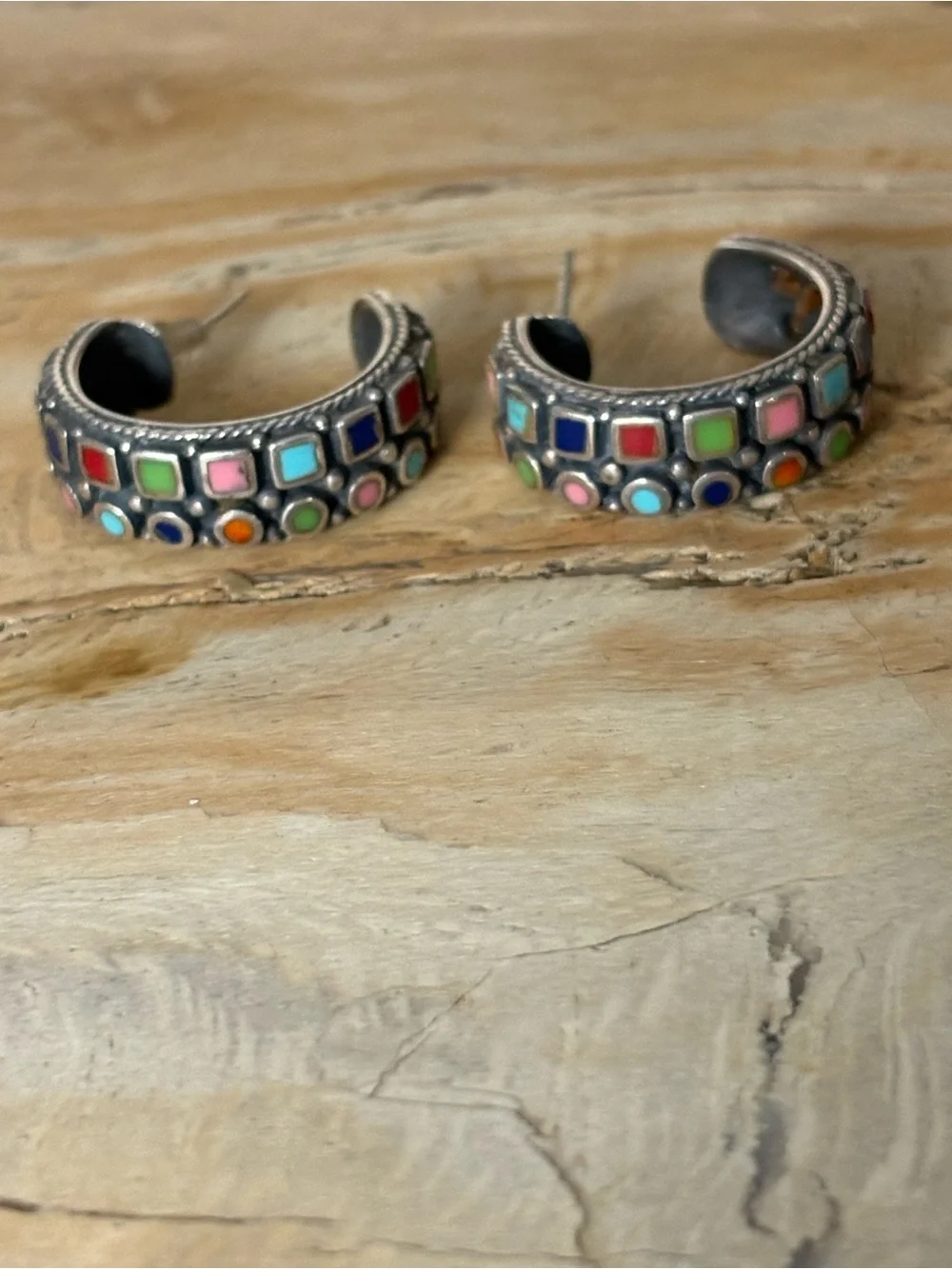 Sterling Silver Multicolor Natural Stone Inlay Hoop Earrings